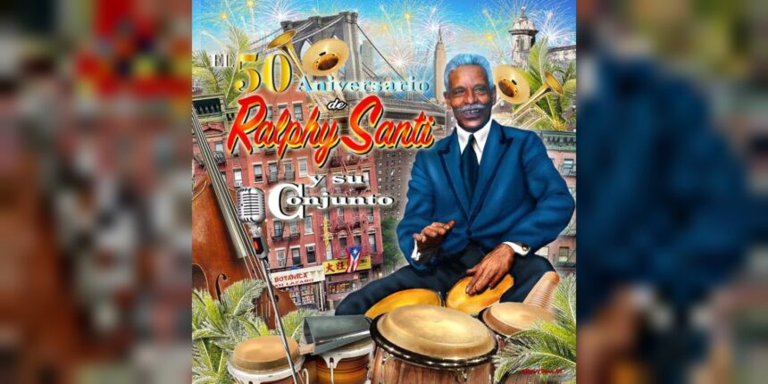 Carátula del álbum El 50 Aniversario de Ralphy Santi y su Conjunto: Ralphy Santi tocando bongós con Nueva York de fondo